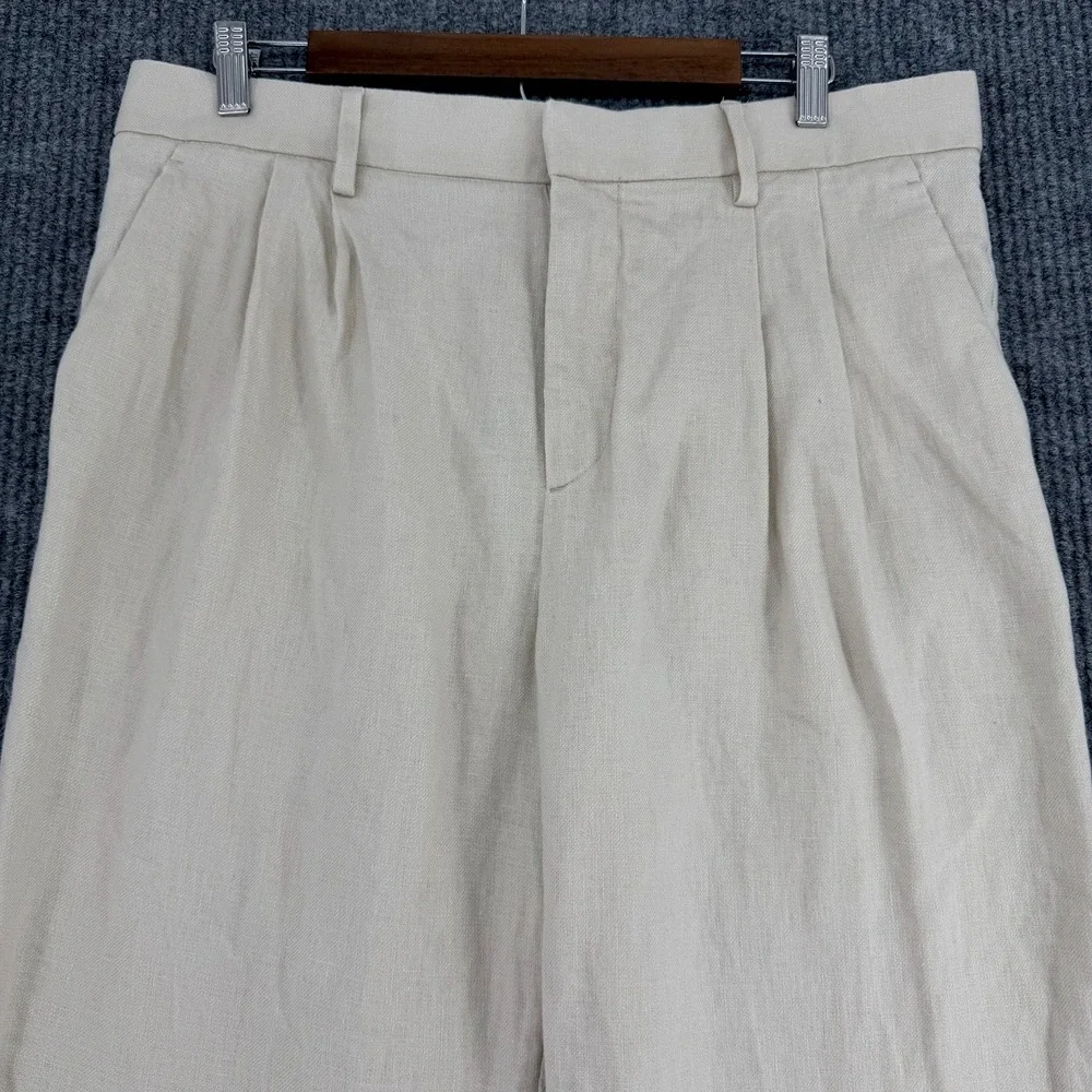 H&M women's 100%‎ linen wide leg trousers cream pleated loose fit size 34 summer